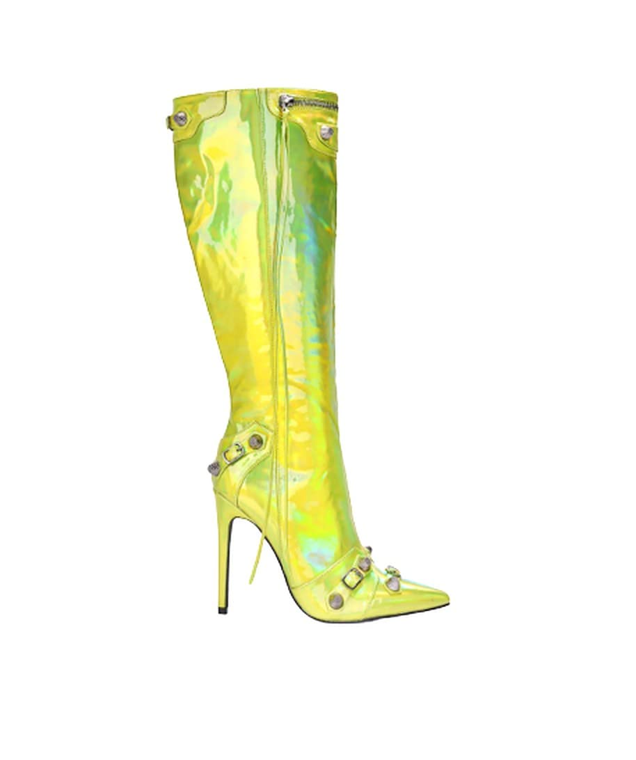 Cape Robbin Womem Knee High Boots Pointed Toe Stiletto Heels Side Zipper Rivets Tassels Boots