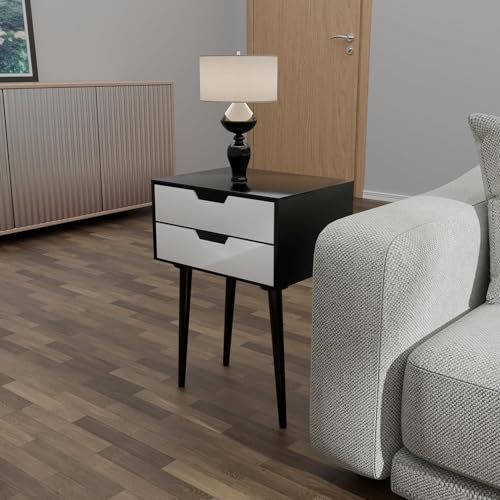 Image of Night Stand,End Table for Bed Nightstand with Drawers, Side Table with Storage, Solid Wood Table Legs,A Shaped Suitable for Small Spaces, Living Room, Bedroom, White (Black White)