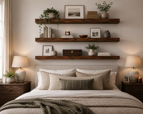 Image of Genuine Decor Solid Sheesham Wood Floating Shelves for Wall, Set of 3 (27 Inch) - Rustic Wall Mounted Ledge Shelf with Gloss Finish for Living Room, Bedroom, Bathroom & Kitchen Decor