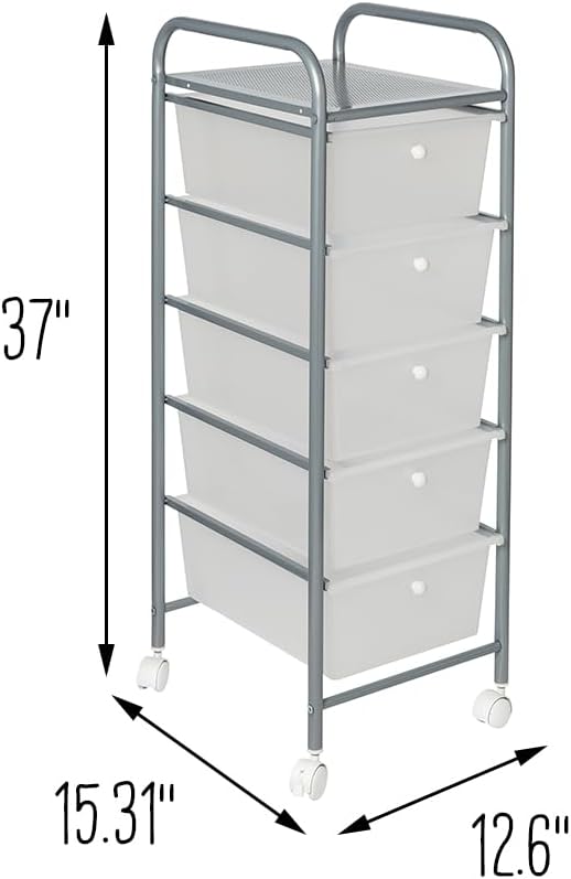 Honey-Can-Do 5-Drawer Rolling Storage Cart with Plastic Drawers, Silver Clear Silver Steel