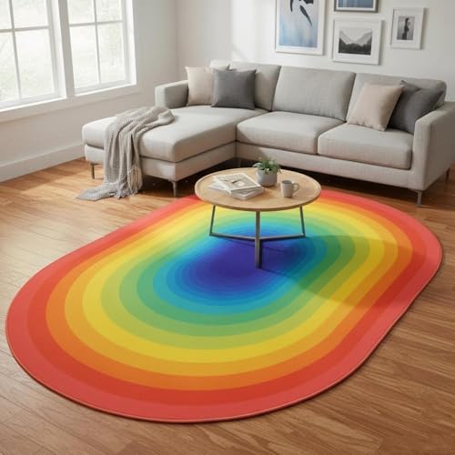 Illusion Visual Blue Yellow Orange Modern Abstract Indoor Oval Rugs