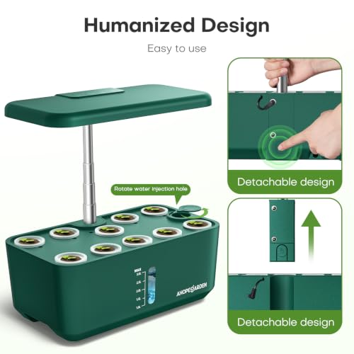 Image of Ahopegarden Hydroponics Growing System: 10 Pods Indoor Herb Garden with LED | Plant Germination Kit with Growth Lamp, Countertop Hydroponic Planter for Fresh Herbs, Vegetables & Lettuce Lovers, Green