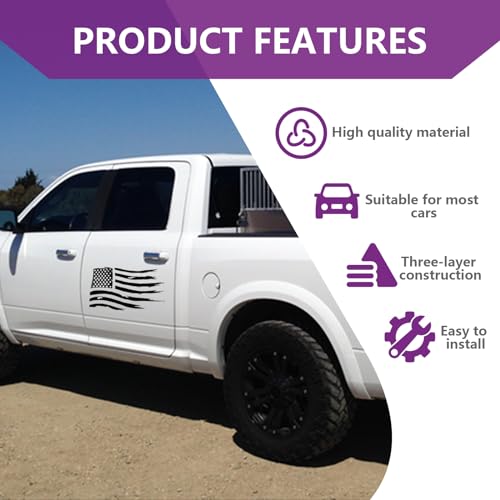 Dickno American Flag Sticker, Distressed American USA Flag Truck Tailgate Vinyl Decal, Universal Vehicle Exterior Decal Sticker for Car SUV Truck Hood Window Door Sides Windshield (Black)