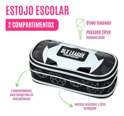 Kit Escolar Masculino, Mochila com Rodinhas, Lancheira e Estojo com Estampa de Futebol, 12 Lápis de