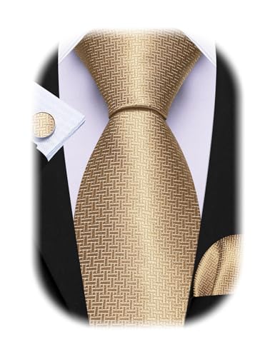 Image of Barry.Wang Tie Sets for Men Silk Stripe Necktie Woven Checkered Handkerchief Cufflinks Formal Business Wedding