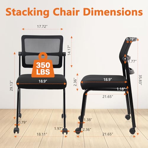 Image of CLATINA Stacking Armless Office Chair with Wheels, Stackable Mesh Guest Reception Desk Chairs with Adjustable Backrest for Waiting Room Conference Lobby Side School, Black, 1 Pack