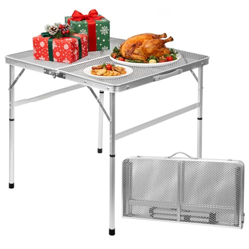 Square Folding Card Table with Adjustable Height (12" & 26"), Silver Portable Metal Mesh Table for Camping, BBQ, Picnic, Game, Patio & Indoor Use, Fits 2–4 People, Lightweight 7.6 lb, Supports 66 lb
