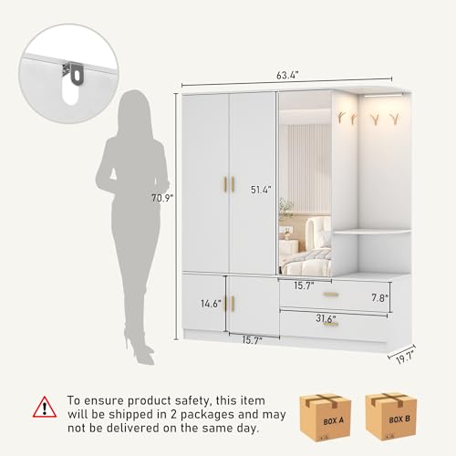 XVD Armoire Wardrobe Closet with Mirror and Sensor Light, Bedroom Armoire with 5 Doors 2 Drawers, Modern Wooden Large Wardrobe Closet with Shelves, 4 Hooks, 2 Hanging Rods, Open Space, White