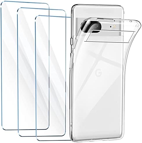 FLLAO Clear Case Compatible with Google Pixel 7 Case with 3 Tempered Glass Screen Protector, Soft Bumper Anti-Scratch Silicone Phone Case Cover Transparent