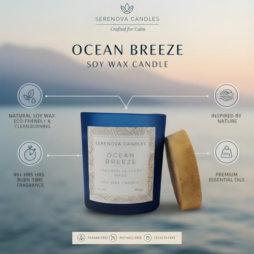 Image of SERENOVA Candles Soy Wax Scented Candle | Burn-time 40 Hours and Upto 60 Hours | 350gm | Handpoured and Handmade | Organic Soy Wax Candle | Aromatherapy Candle (Ocean Breeze)