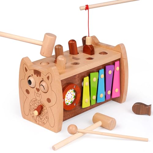 6 in 1 Wooden Montessori Toys Hammering Pounding Toy for 3 Year Old Whack A Mole Game for Toddlers Fine motor skills Toys with Xylophone Fishing Toy Toddler Activities for Baby 3 Year Old Birthday