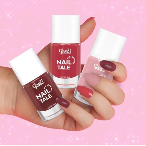 Image of Glam21 Nail Tale- Nail Lacquer|Set of 3|Multicolor|Quick Drying Nail Polish| Glossy Gel Finish Nail Kit | Highly Pigmented & Long Lasting | Chip Resistance|9ml Each|Shade-01
