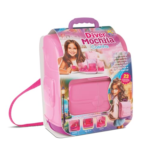 Divertoys Diver Mochila Casinha, Kit com Boneca e 23 Acessórios, Casa de Brinquedo 3 Cômodos, Rosa