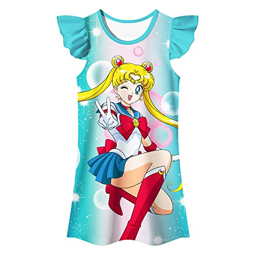 DYNLAB Tsukino Usagi Girls Sailor Princess Costume Dress Moon Toys Dolls Cartoon Kids Anime Flutter Sleeve Shirt Dress Home Casual Wear Birthday Gift 2-14Y