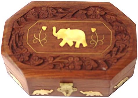 Super India Wooden Jewelry Box Octagonal Handcrafted Elephant Brass Inlay & Wood Carvings 6x4 Inches