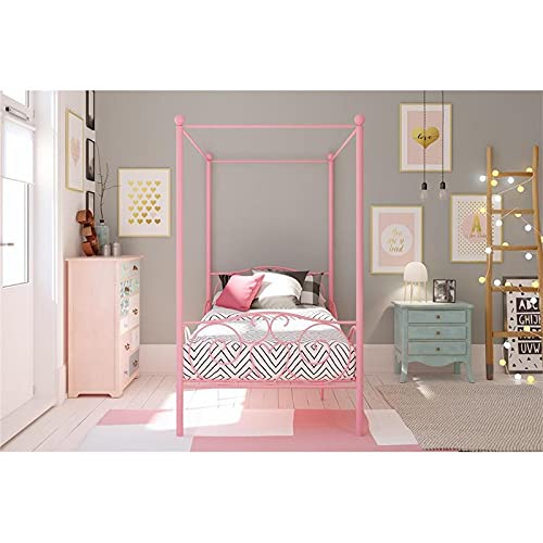 image for DHP Metal Canopy Kids Platform Bed with Four Poster Design, Scrollwork