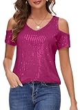 BILIKE JOMEX Womens Sparkly Sequin Top V Neck Cold Shoulder Glitter Short Sleeve Dressy Party Blouse Shirts Hot Pink L