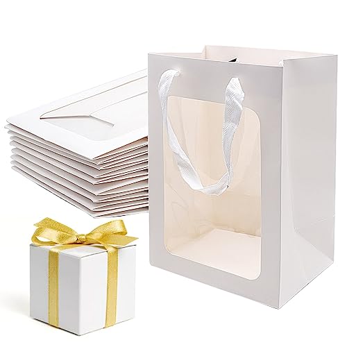 Cisolen 10 Stück Papiertüten Geschenktüten Weiße Kraftpapier Geschenktaschen mit Fenster Verpackungsbeutel für Geburtstag Hochzeit Party Verpacken Bankett Geschenken Süßigkeiten Keksen