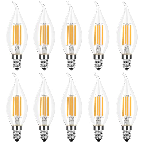 Paquete de 10 E14 LED no regulable, 4W, blanco cálido 2700K, forma de llama con punta doblada C35, bombillas LED de araña vintage, bombilla halógena candelabro 40w, bombilla LED de filamento de vela