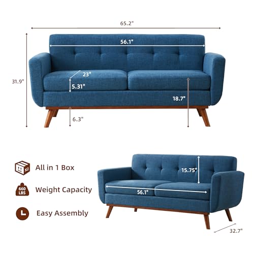 Image of Kingfun 65.2 inch W Loveseat Sofa, Mid Century Modern Decor Love Seat Couches for Living Room, Button Tufted Upholstered Furniture, Solid & Easy to Install Small Couch for Bedroom Office Apartment, Blue