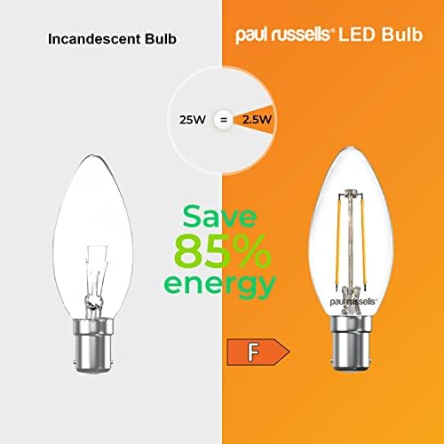 paul russells LED Candle Filament Bulbs - Pack of 3  2.5W 20W Equivalent 200LM Lumen 2700K SBC B15D Small Bayonet Cap C35 Bulb  Energy Saving Light Non-Dimmable - Warm White Lamp