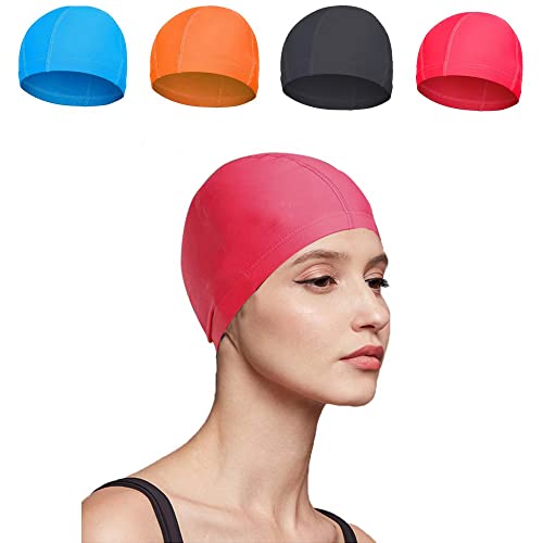 Gorros de Natación,4 PCS Mujeres Hombres Gorro de Piscina Adulto Adolescente Gorro Natación Color Puro Nylon Spandex Tela Gorro de Baño 10 * 5 Pulgadas Negro Azul Rojo Naranja