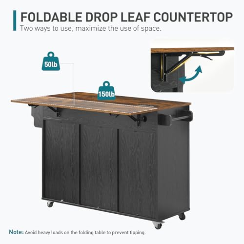 RALGEND Kitchen Island with Storage, Kitchen Cart with Charging Station, Rolling Kitchen Island Table with Drop-Leaf, 3 Drawers, Barn Doors, Towel Rack and Spice Rack, Black and Rustic Brown