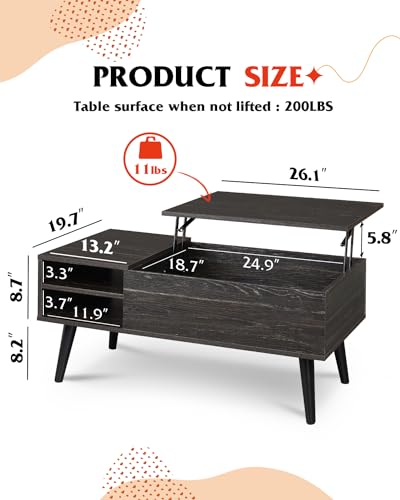 Image of WLIVE Lift Top Coffee Table with Hidden Storage, Adjustable Shelf, Black | Mid Century Modern Wooden Coffee Table, for Dining /Living Rooms /Offices; 39.4 inchW x 19.7 inchD x 16.9 inchH