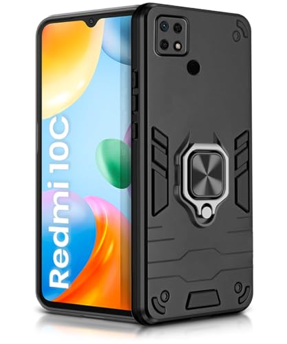 Image of WOW IMAGINE Shock Proof Back Case Mobile Cover for Mi Redmi 10C | Back Cover Case (Tough Armor | Hybrid PC + TPU | Ring Holder & in-Built Kickstand | Black)