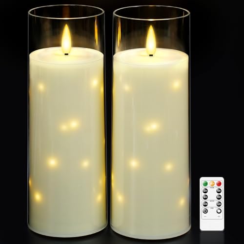 Image of kakoya 11 inch x 4 inch Large Outdoor Waterproof Flameless LED Candles with Remote and Timer,Acrylic Pillar Candles Battery Operated with Embedded Star String for Porch,Patio,Outdoor Decor,Set of 2(Ivory)