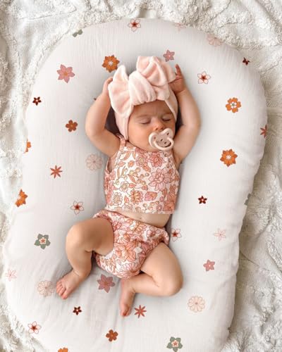 Image of Muslin Baby Lounger Cover, Soft Breathable Newborn Lounger Pillow Cover for Boys Girls Infant (Flower-B)