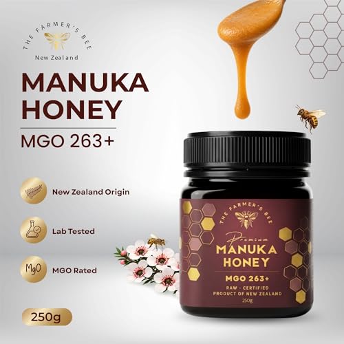 Image of THE FARMER'S BEE New Zealand Manuka Honey MGO 263+ (10+) | Monofloral Raw Honey | MGO Tested | Premium Imported Honey | Digestive Irritation Relief & Higher Antibacterial Strength | 250g