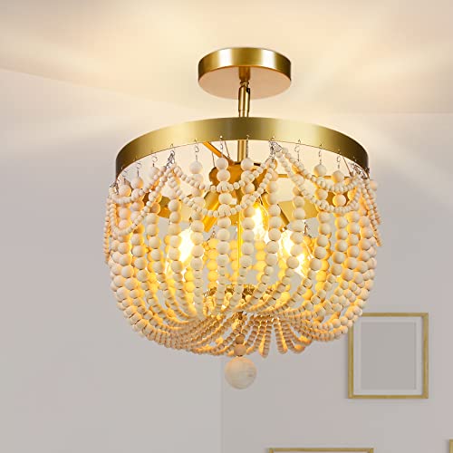 3 Light Boho Wood Beaded Chandelier Oak Finish Semi Flush Mount Ceiling Light Fixtures Rustic Mini Chandelier For Nursery Room, Bedroom, Girl Room, Kids Room, Bathroom, Entryway, Hallway, Passway #TOP7