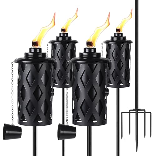 ZSPENG Upgraded 60 Inch Citronella Torches for Outside Set of 4, 16 Oz Outdoor Garden Torches with 5-Prong Grounded Stake, Metal Torch for Garden Décor, Outside Torches for Backyard, Garden, Patio