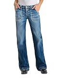 Flamingals Women Vintage Wash Patch Pocket Double Button Mid Rise Straight Leg Jeans Comfort Stretch Denim Classic Jeans Navy Blue L