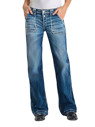 Flamingals Women Vintage Wash Patch Pocket Double Button Mid Rise Straight Leg Jeans Comfort Stretch Denim Classic Jeans