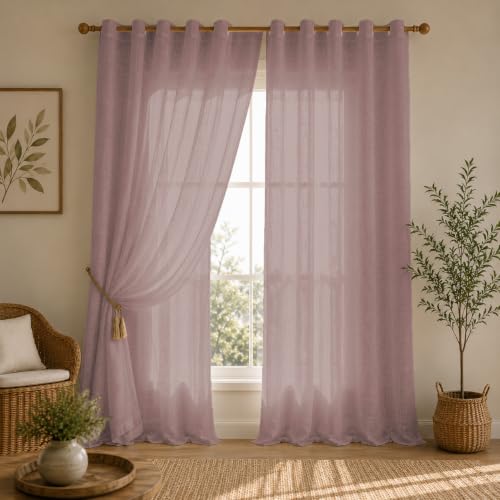 Image of LINENWALAS Aesthetic Sheer Curtains 5 Feet Long Set of 2, Poly Linen Shrink & Fade Proof Drapes for Window, Semi Transparent Modern Panels with Grommet Hanging for Living Room (Baby Pink /5 Feet)