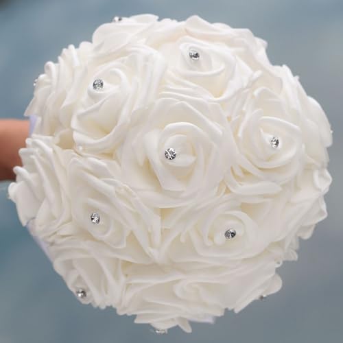 Wedding Bouquets for Bride, Bridal Flowers for Wedding, Bride Bridesmaid Hand Flowers Bridal Bouquet Crystal Diamond Silk Roses, Artificial Flowers Bouquet for Church Wedding Party (White) - Image 6