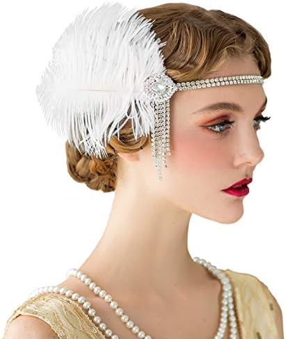 SWEETV Flapper Headbands Womens 1920s Headpiece Great Gatsby Inspired Feather Headband Cocktail Party Rhinestone Hair Accessories for Women, Ivory