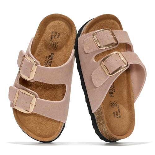 Image of Project Cloud Kids Sandals 100% Genuine Leather - Natural Cork Footbed Non-Slip Slides for Kids - Lightweight Boys & Girls Sandals - Water-Resistant Girls & Boys Sandals