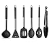 Price comparison product image StarCooks Premium Silicone Kitchen Utensil Set (Set of 6) for Cooking. Black and Brushed Stainless Steel. Includes; Tongs, Ladle, Slotted Spoon, Solid Spoon, Turner, Potato Masher