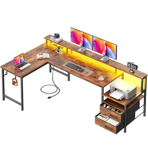 Image of Korfile 57'' L Shaped Computer Desk with Storage Drawers, Power Outlet, LED
