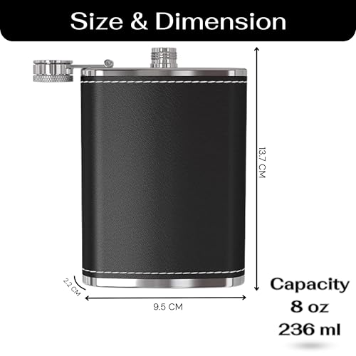 Image of Stainless Steel Hip Flask for Men & Women 8oz (236ml) - Whisky Flask Vodka Alcoholic Liquor Holder with Funnel Drinks Pocket Carrying Case - Leakproof Travel Flasks for Drinks, (Black Leather)
