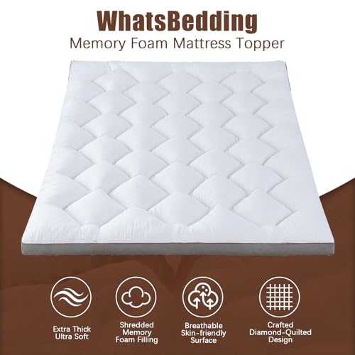 Image of WhatsBedding 3 Inch Memory Foam Mattress Topper Queen Size Plus Thicked Down Alternative-Lined, 4 Anchor Elastic Bands