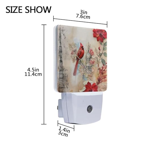Image of Red Cardinal Bird Flower Night Lights 2 Pack Plug-in Wall Led Nightlight Auto Dusk-to-Dawn Sensor Lamps for Bedroom Kitchen Bathroom