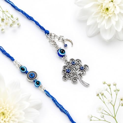 Image of eCraftIndia Designer Evil Eye Tree of Life & Moon Bhaiya Bhabhi Rakhi with Best Bro Ever Fridge Magnet, Blue Nazar Rakhi Set for Brother & Bhabhi, Raksha Bandhan Gift with Roli Chawal