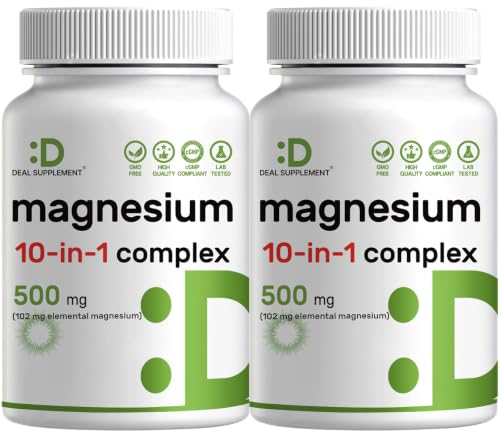 Magnesium Complex 500mg, 480 Veggie Capsules – Pack of 2 | 10-in-1 Glycinate, Citrate, Malate, Oxide, & More – 100% Chelated for Easy Absorption – Essential Mineral Supplement – Non-GMO