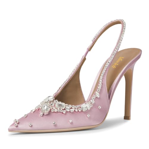 miss left Women Gorgeous Studded Rhinestone Slingback Satin Pumps Pointed Toe Slip on Stiletto High Heels Wedding Prom Formal Shoes Size 4-16 US