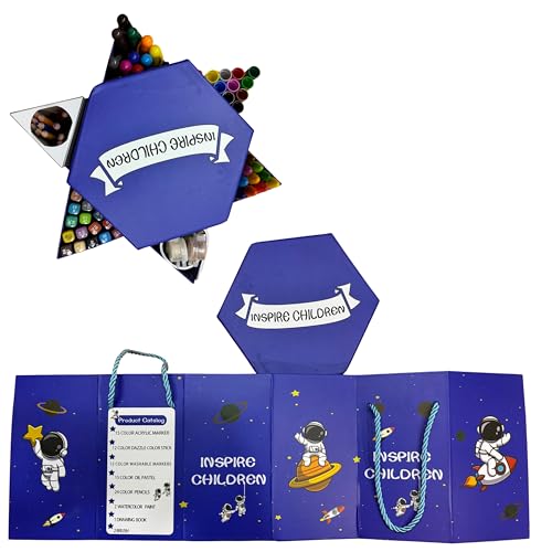 Image of Kitchen Bloom Color Kit Art Set for Kids, 145 Pieces Drawing Kit with Colour Pencils, Oil Pastels, Paint Brushes, Water Colours, Marker Pens, Color Set for Kids (Astronaut Space (Hexagon- 83 pcs))