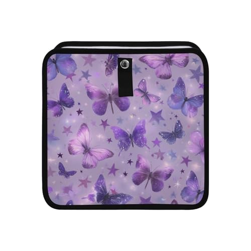 Image of Car Trash Can Organizer Bin with Adjustable Strap for Back Front Seat Console Waterproof Leakproof Collapsible Portable 8.66 Inch Purple Dreamy Butterflies and Stars